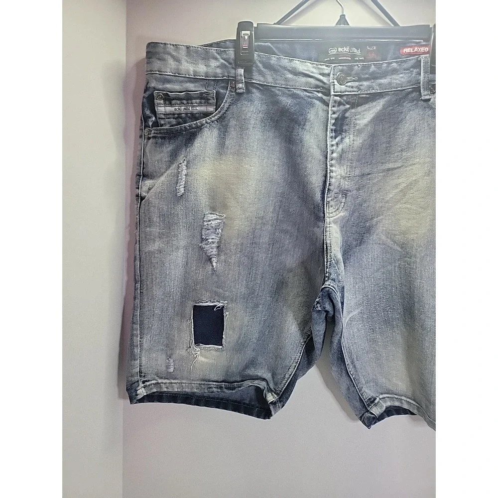 Ecko Unltd Shorts Mens 44 Blue Acid Wash Distressed Jean‎ Denim Bermuda Casual